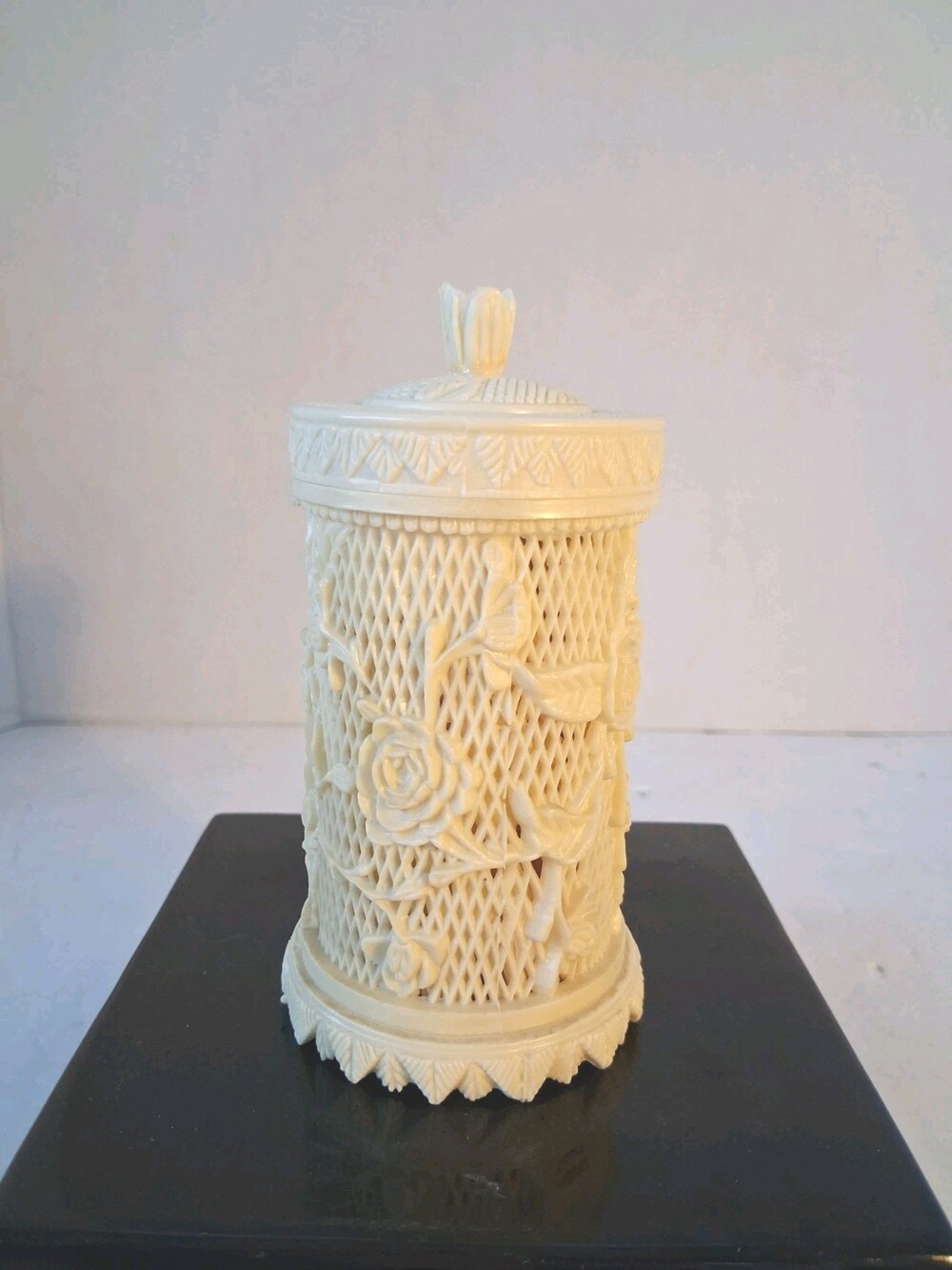 Vintage Ivory Celluloid Plastic Bar Cocktail Appetizer Fork Holder 1970's Roses